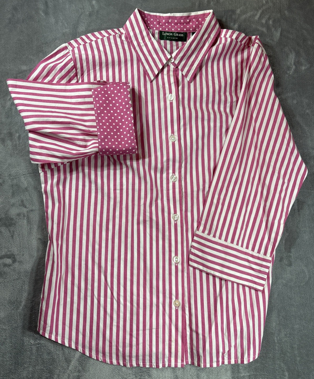 Lemon Grass Womens Shirt Pink/White Stripe PolkaDot Trim Cotton 3/4 Sleeves Sz L